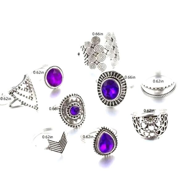 Vintage Geometric Hollow Purple Gemstone 9pcs ring Set - Picture 7 of 8